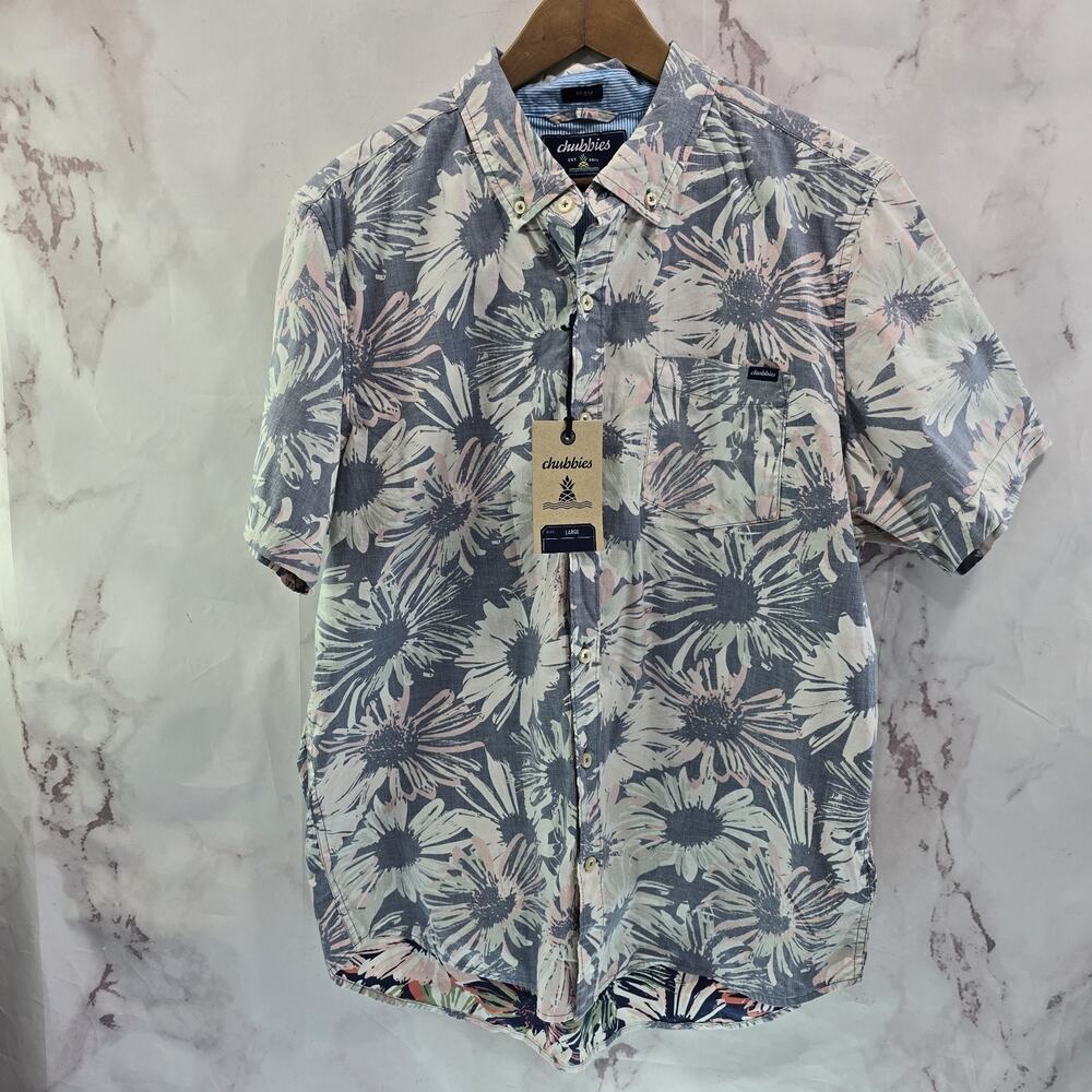 Chubbies Shirt Mens Large Gray Floral Sunset Harbor Button Up Sleeve Friday